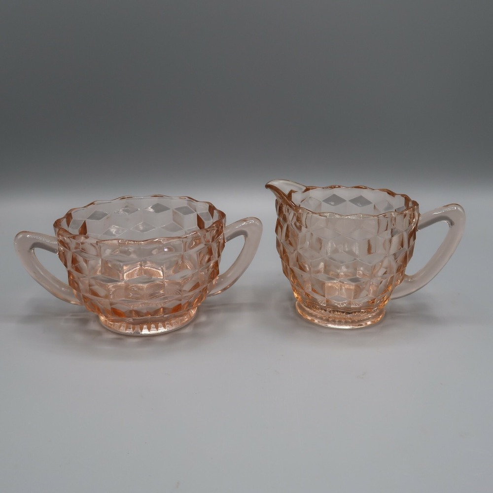 Vintage Jeannette Pink Depression Glass Cream Creamer Sugar Set Cube Cubist